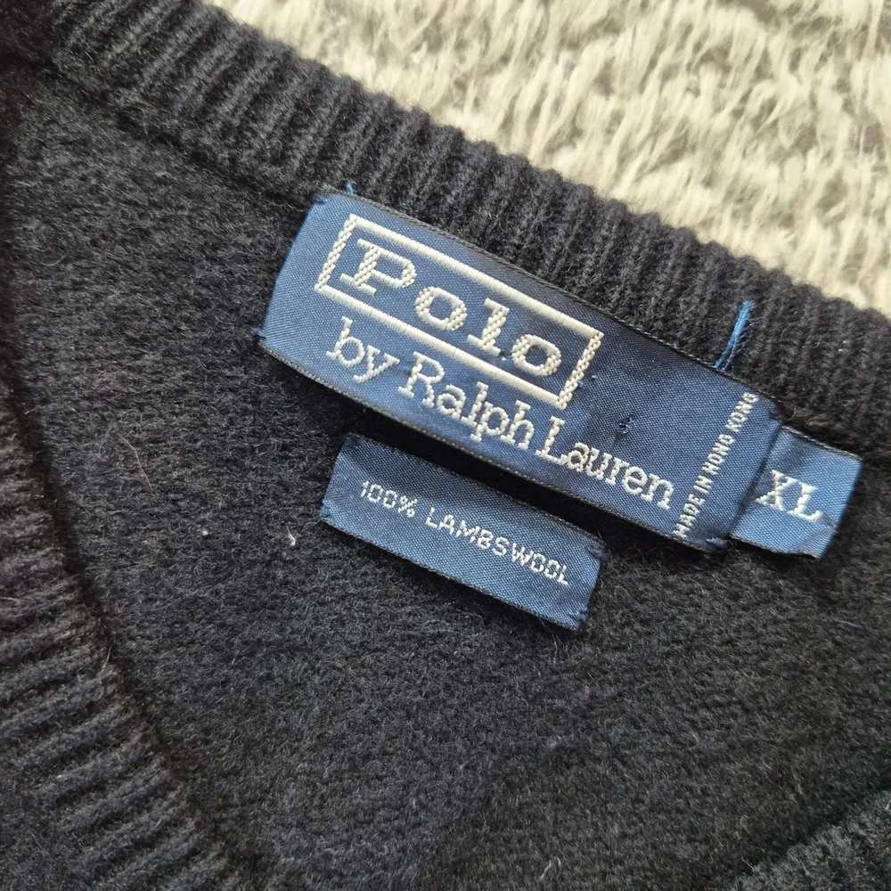 Polo Ralph Lauren V-Neck Sweater Mens XL Black Lambswool Heritage Preppy Cozy